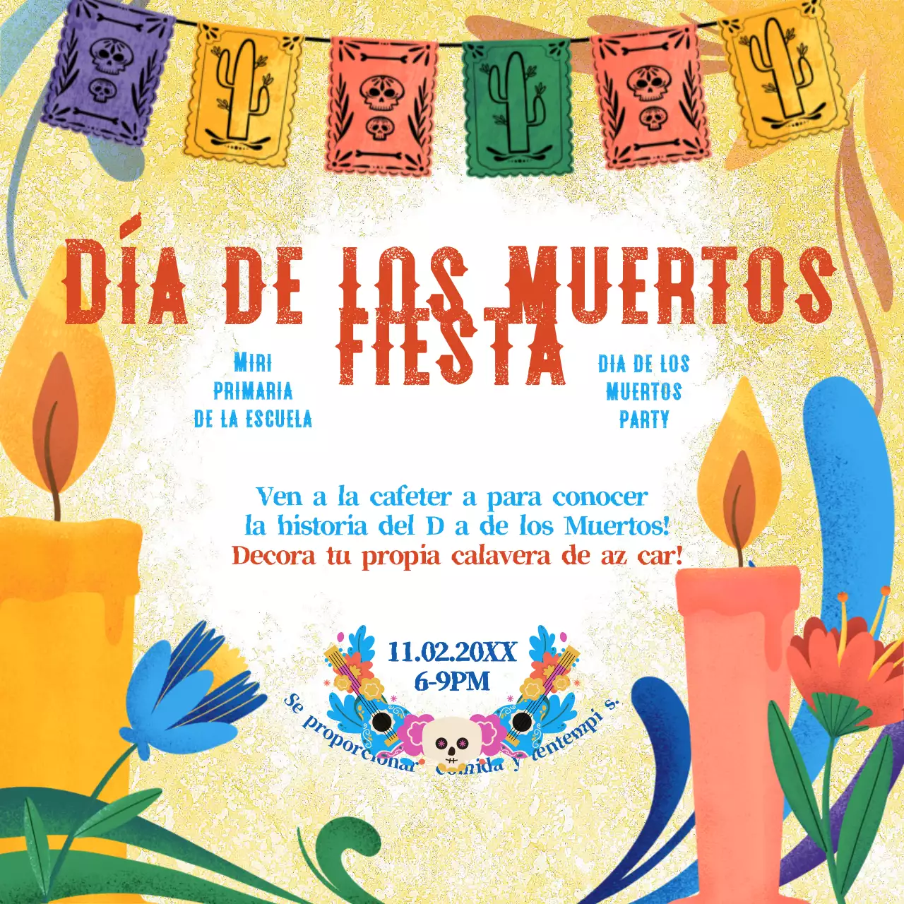 Aviso kitsch amarillo y rojo para la fiesta del Día de los Muertos