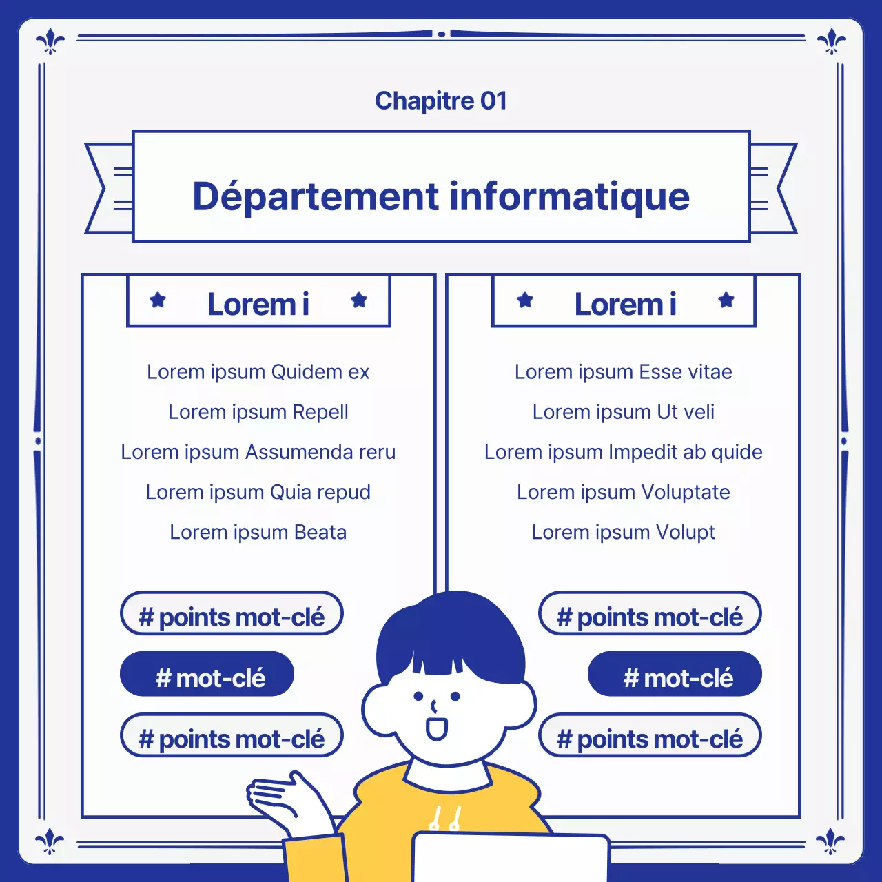 Prospectus des départements universitaires jaune et bleu marine kitsch