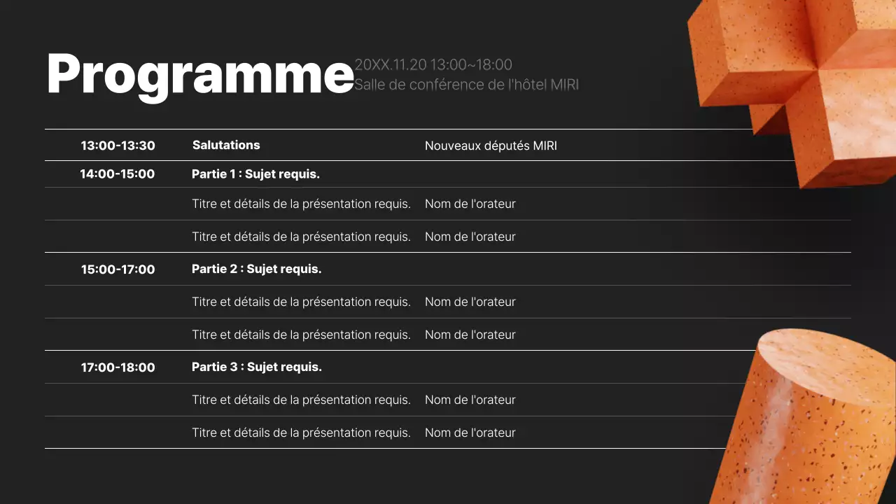 Un prospectus de conférence moderne en noir et orange