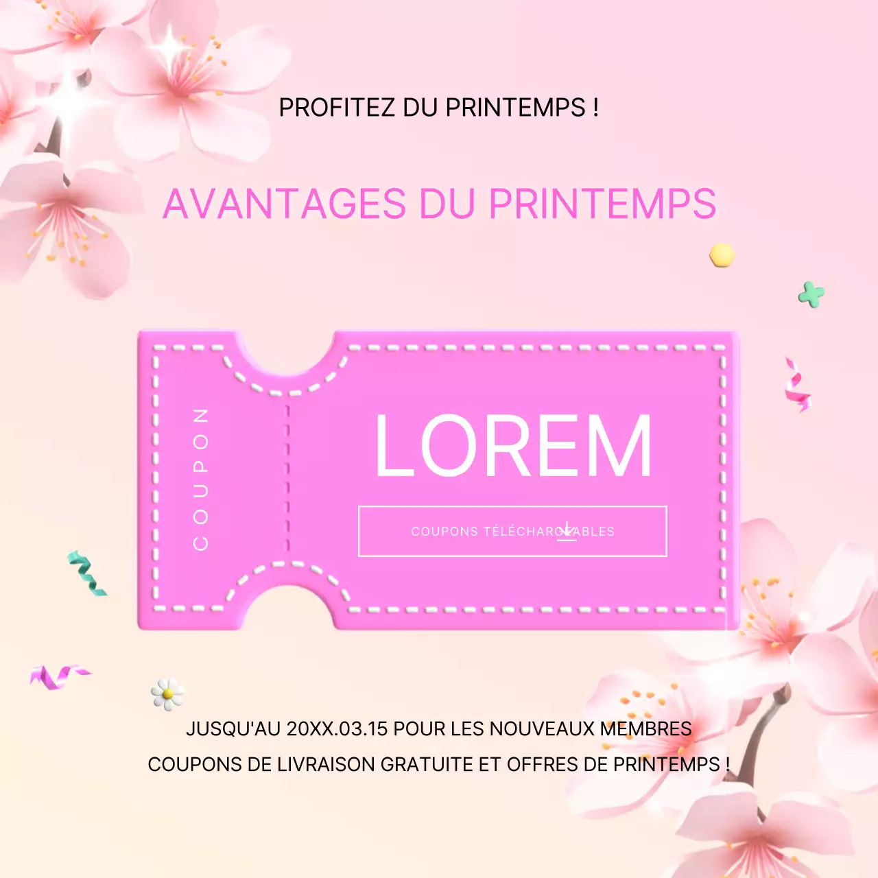 Une annonce de vente de printemps moderne en rose et violet