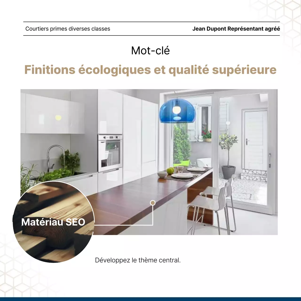 Liste luxueuse de biens immobiliers en bleu marine et or par un agent immobilier.