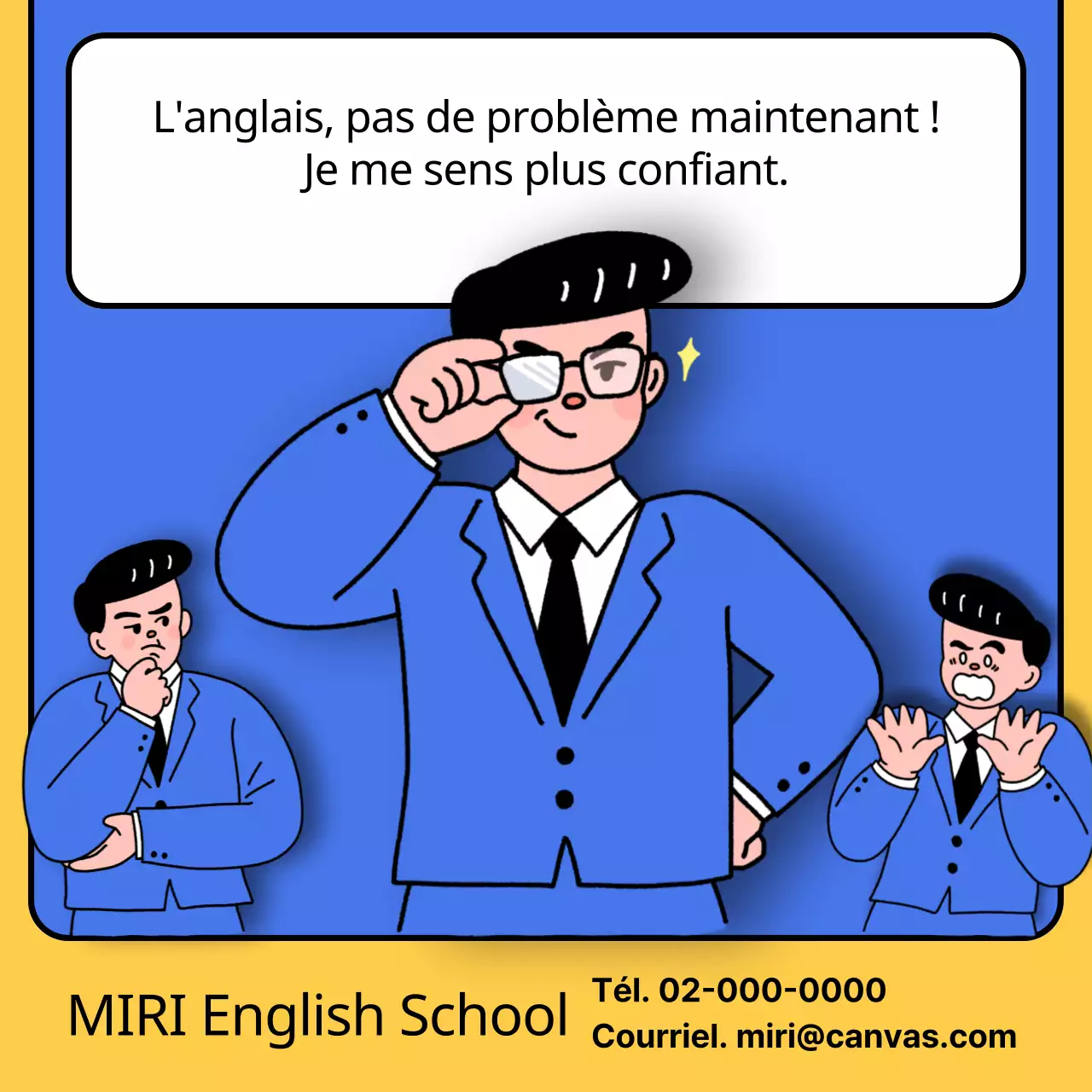 Promouvoir une école d'anglais kitsch en bleu et jaune