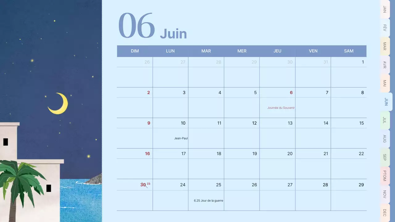 Calendrier classique en rose et bleu clair