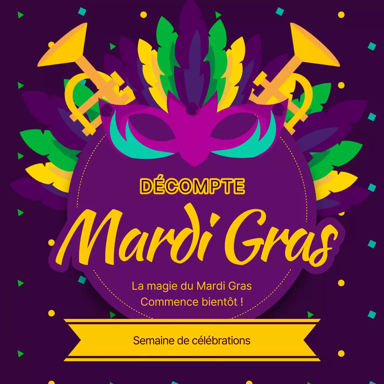 Publicité pour le compte à rebours du Mardi Gras en kitsch violet et jaune