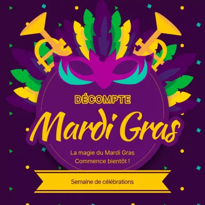 Publicité pour le compte à rebours du Mardi Gras en kitsch violet et jaune