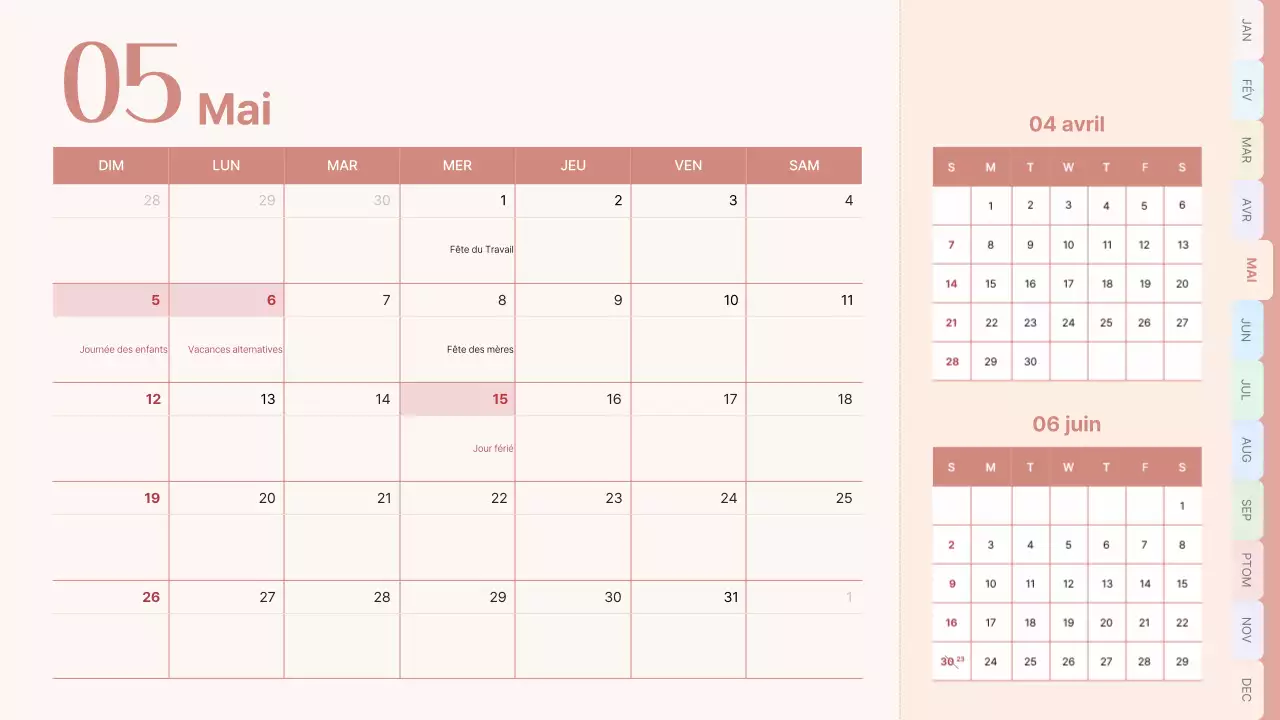 Calendrier classique en rose et bleu clair