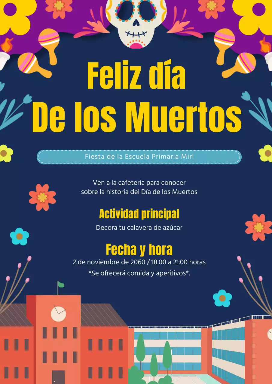 Publicidad kitsch azul marino y morado del Día de los Muertos