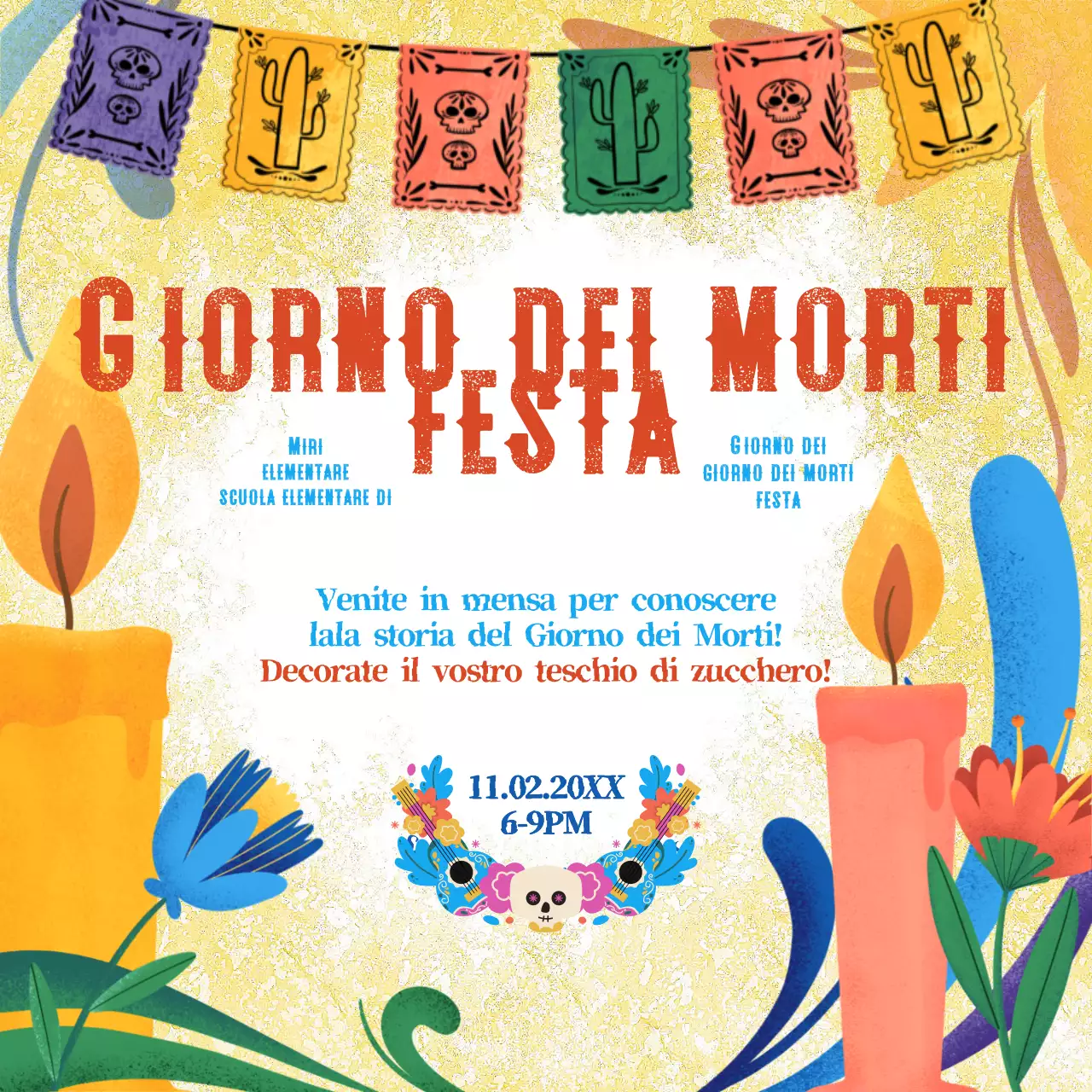 Avviso di festa del Giorno dei Morti kitsch giallo e rosso