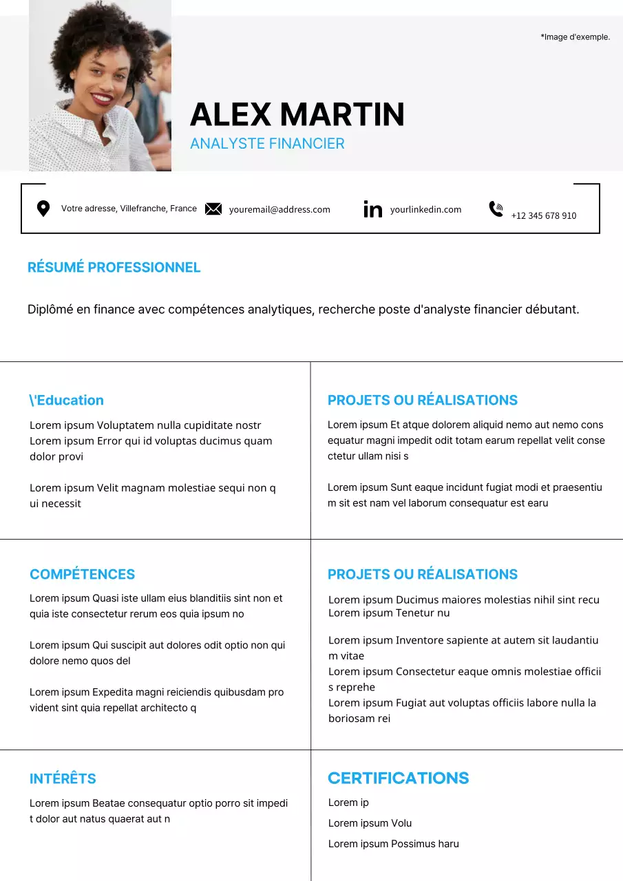 Curriculum vitae d'analyste financier gris et bleu uni