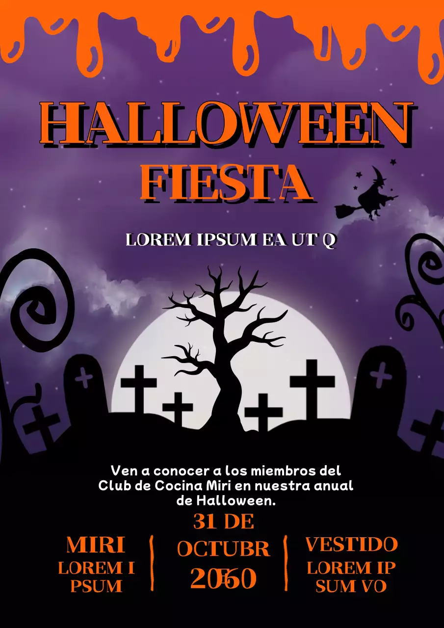 Invitación Fiesta de Halloween fantasía morada y naranja