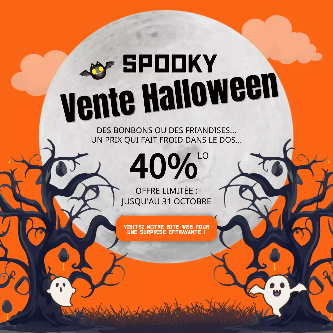 Annonce de vente d'Halloween fantaisiste orange et noir