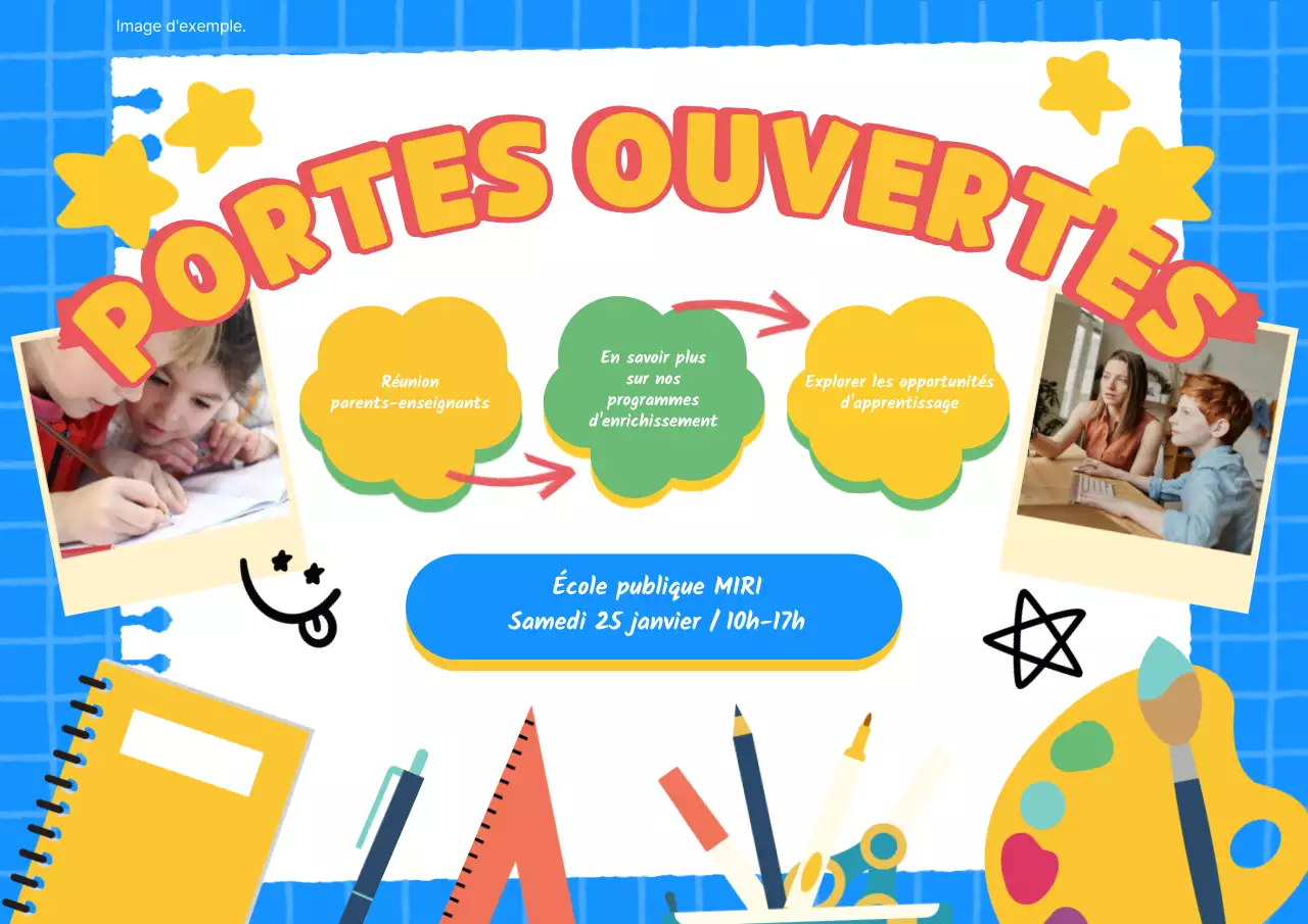Publicité pour la journée portes ouvertes de l'école Kitsch bleu ciel et jaune