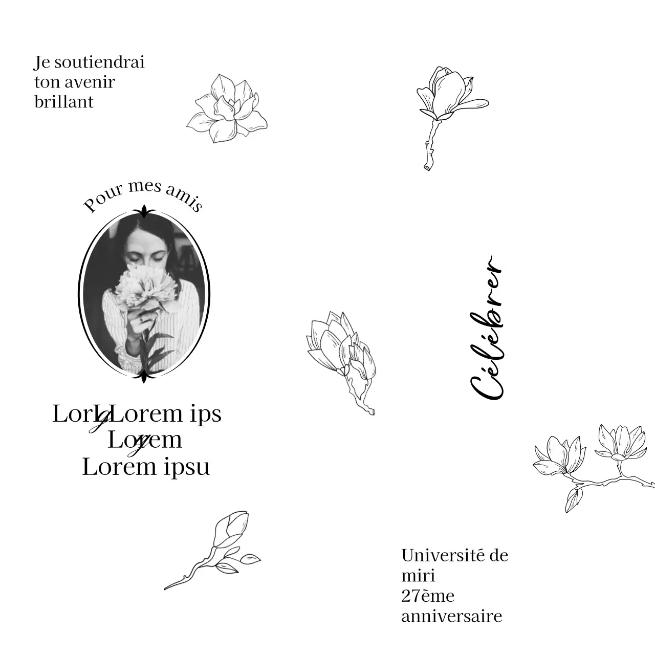 Remise des diplômes avec une touche de classe grâce à des illustrations et des photos de lignes florales