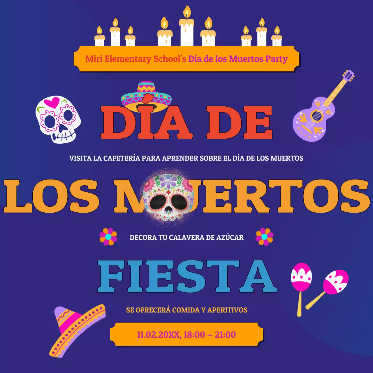 Invitación kitsch azul marino para la fiesta del Día de los Muertos