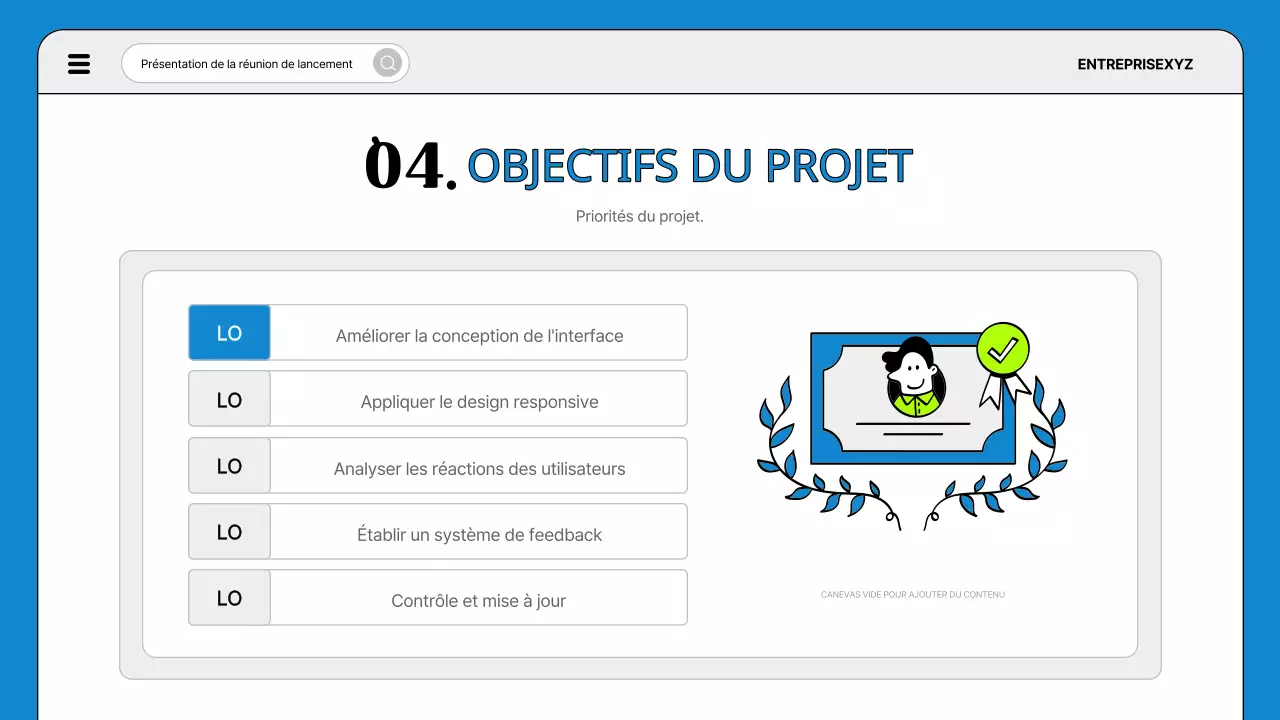 Ordre du jour d'une réunion de lancement de projet en bleu et en fluorescence