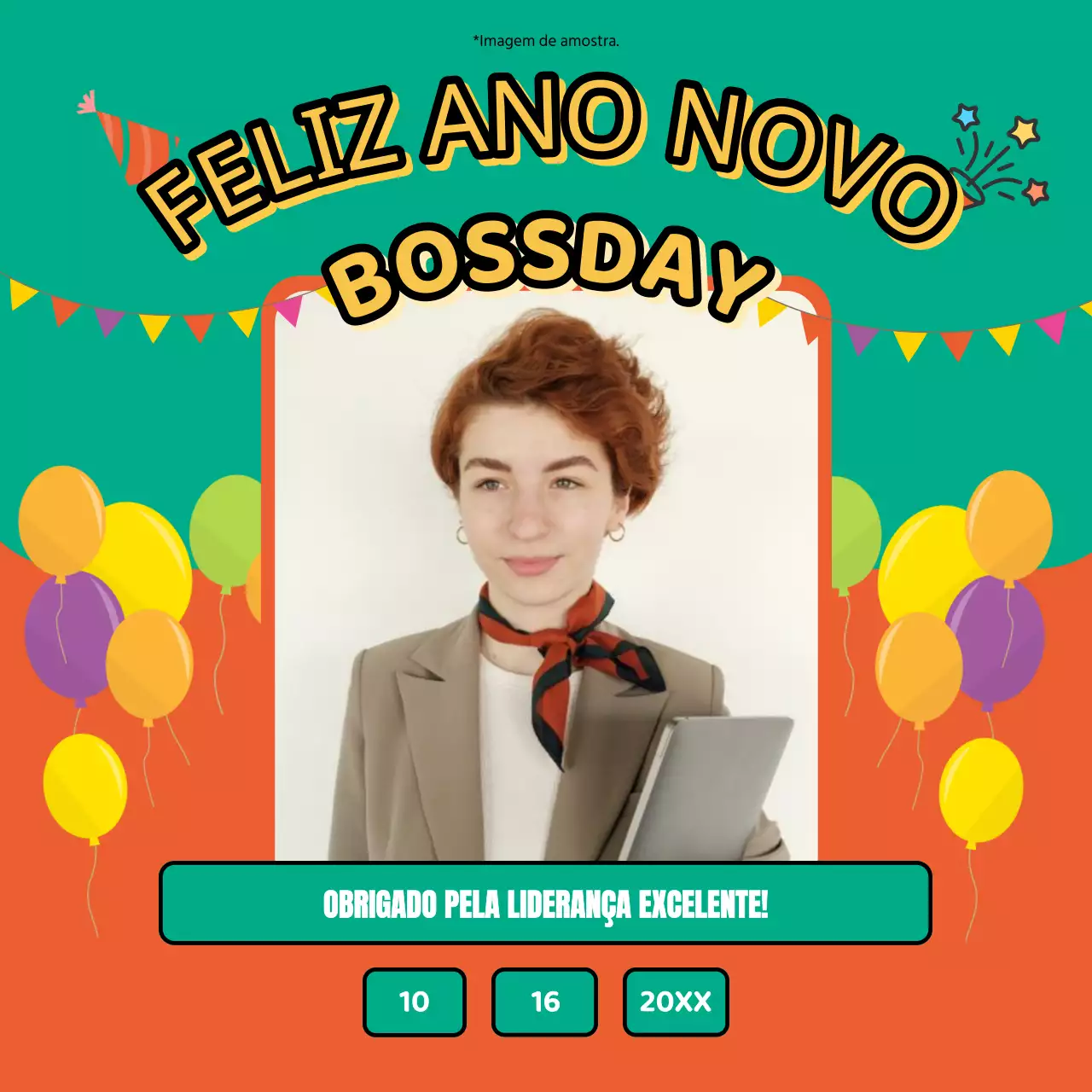 Aviso kitsch verde e laranja de Feliz Dia do Patrão