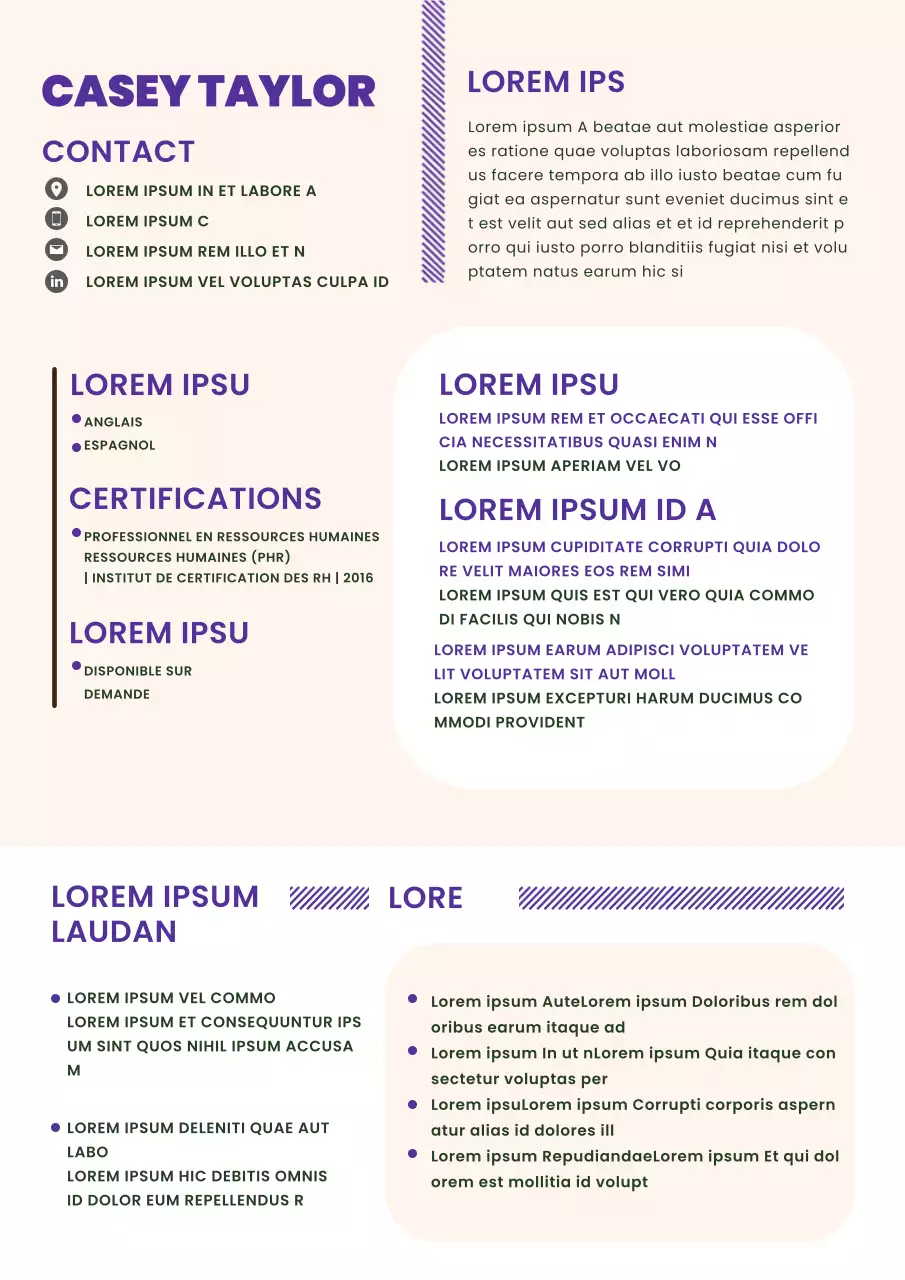 Curriculum vitae tendance beige et violet pour les ressources humaines