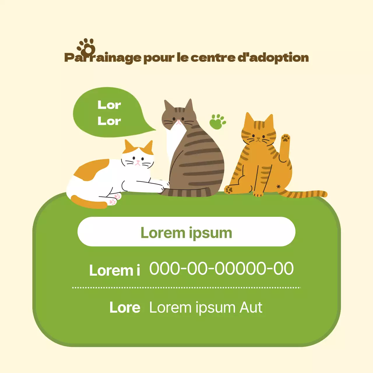 Promouvoir le centre d'adoption d'animaux jaune et vert.