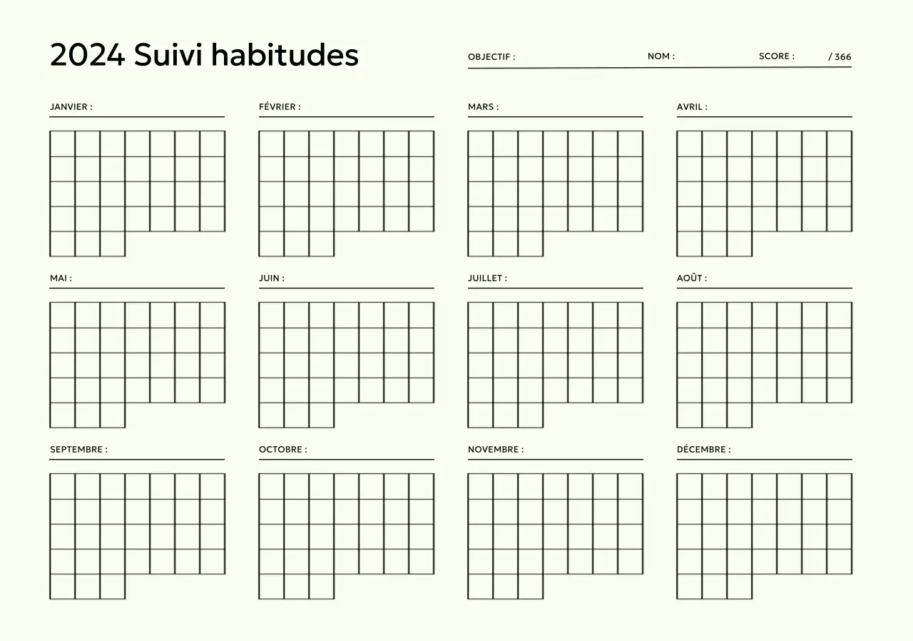 Concevoir un carnet de suivi annuel des habitudes que vous pouvez cocher chaque mois.