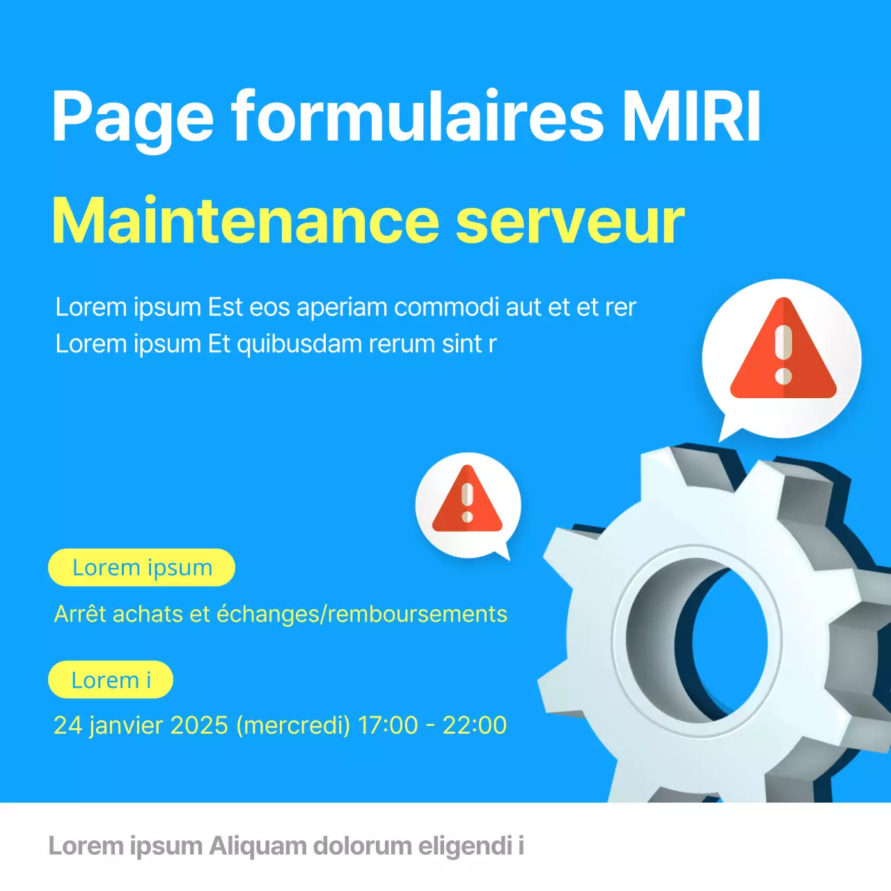 Page d'accueil minimaliste bleue et jaune avis de maintenance du serveur