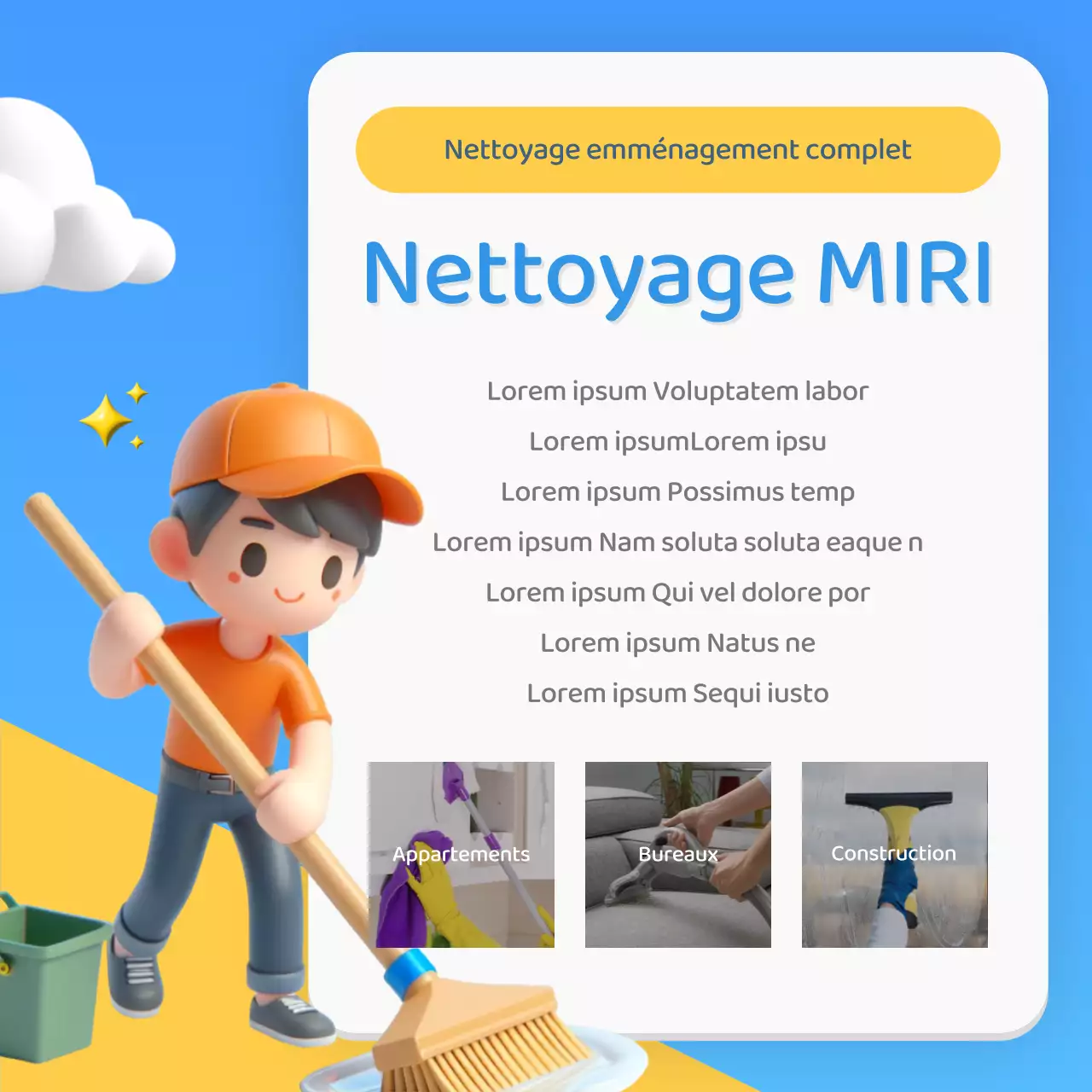 Promotion d'une simple agence de nettoyage bleue et jaune