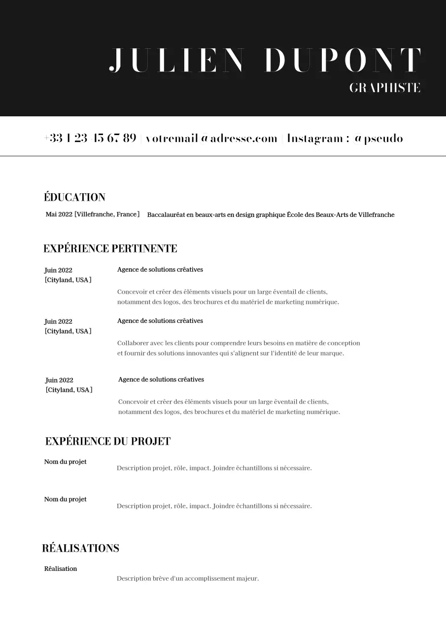 Informations simples sur le curriculum vitae en noir et blanc