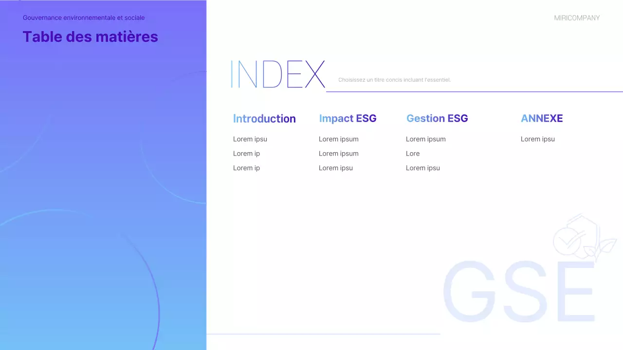 Un rapport de durabilité ESG moderne en violet et bleu clair