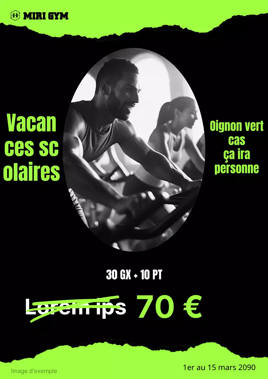 Annoncez une vente de gymnastique pendant les vacances scolaires avec des accents noirs et verts.