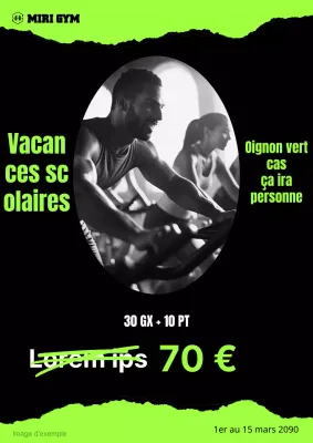 Annoncez une vente de gymnastique pendant les vacances scolaires avec des accents noirs et verts.