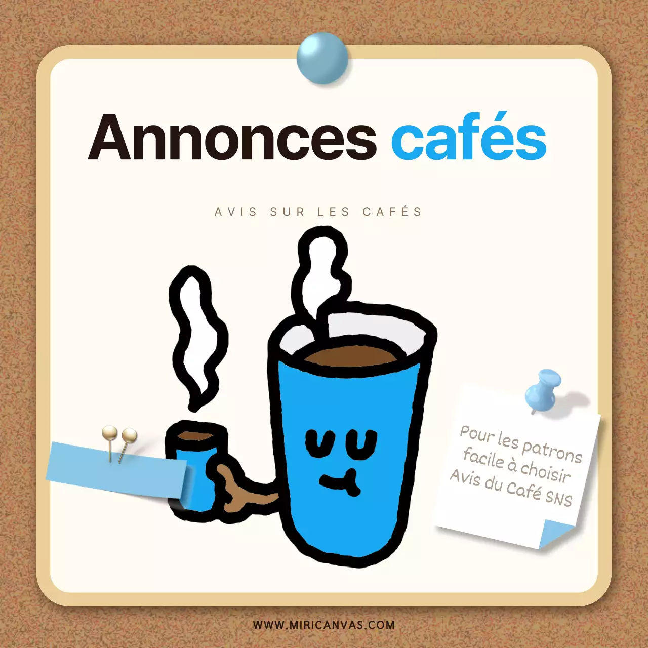 Une collection d'avis de cafés mignons dans les tons beige et bleu clair.