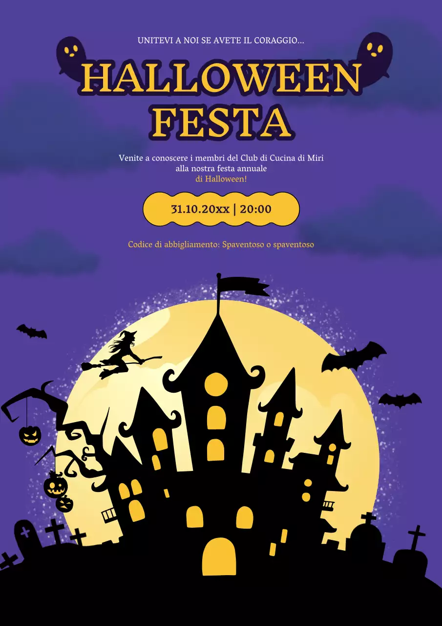Invito alla festa di Halloween con fantasia viola e gialla