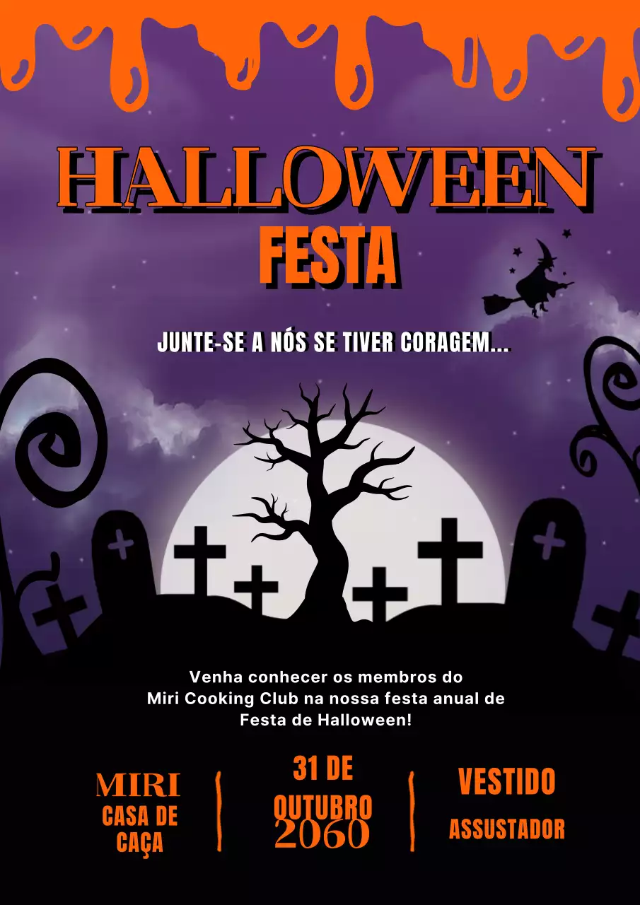 Convite de festa de Halloween de fantasia roxa e cor de laranja