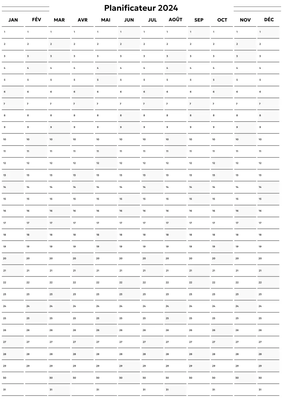 Un calendrier annuel simple et moderne en noir et blanc