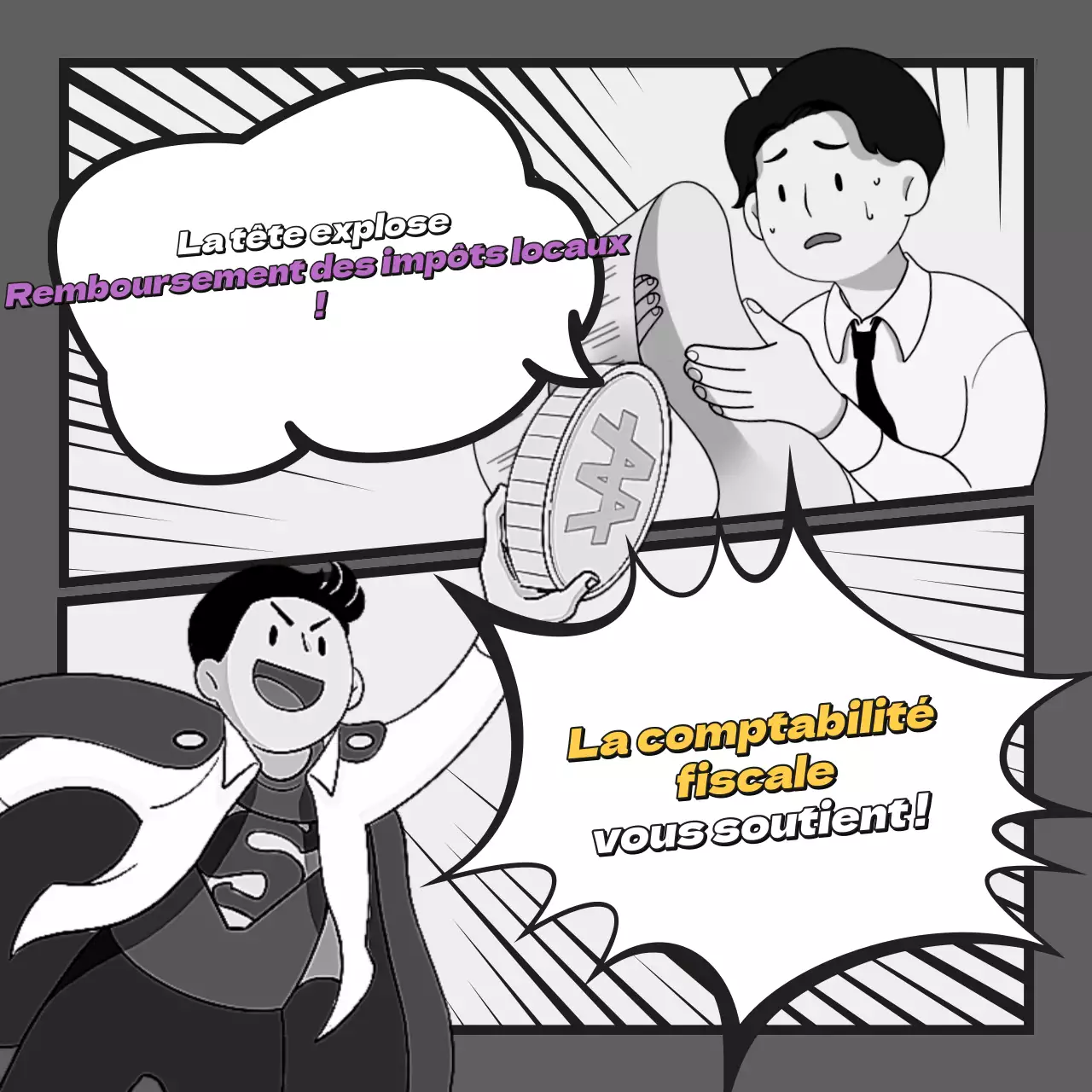 L'accent est mis sur le violet et le jaune pour promouvoir la comptabilité fiscale.