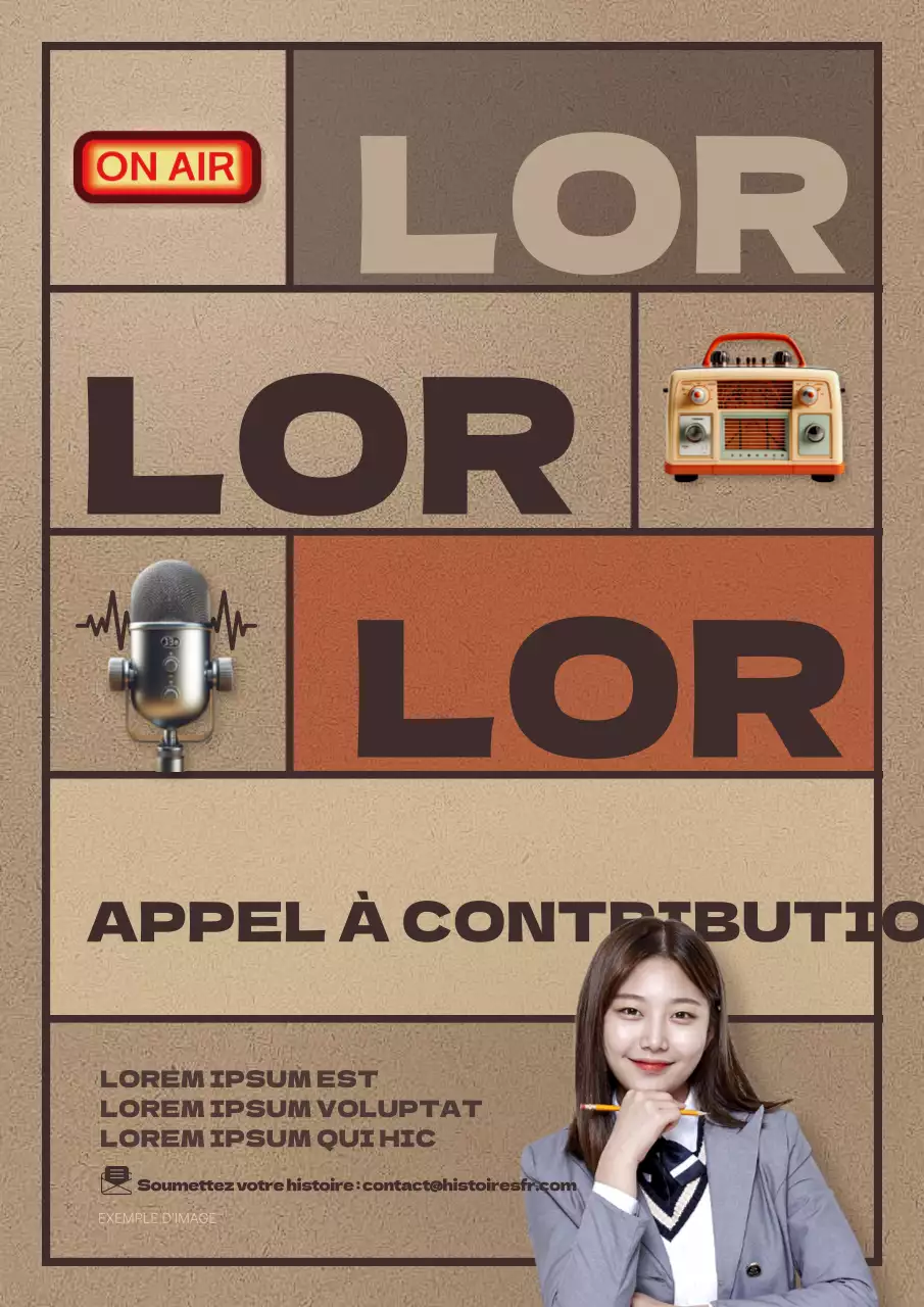 Promouvoir une histoire radiophonique scolaire rétro, brune et orange appel à articles