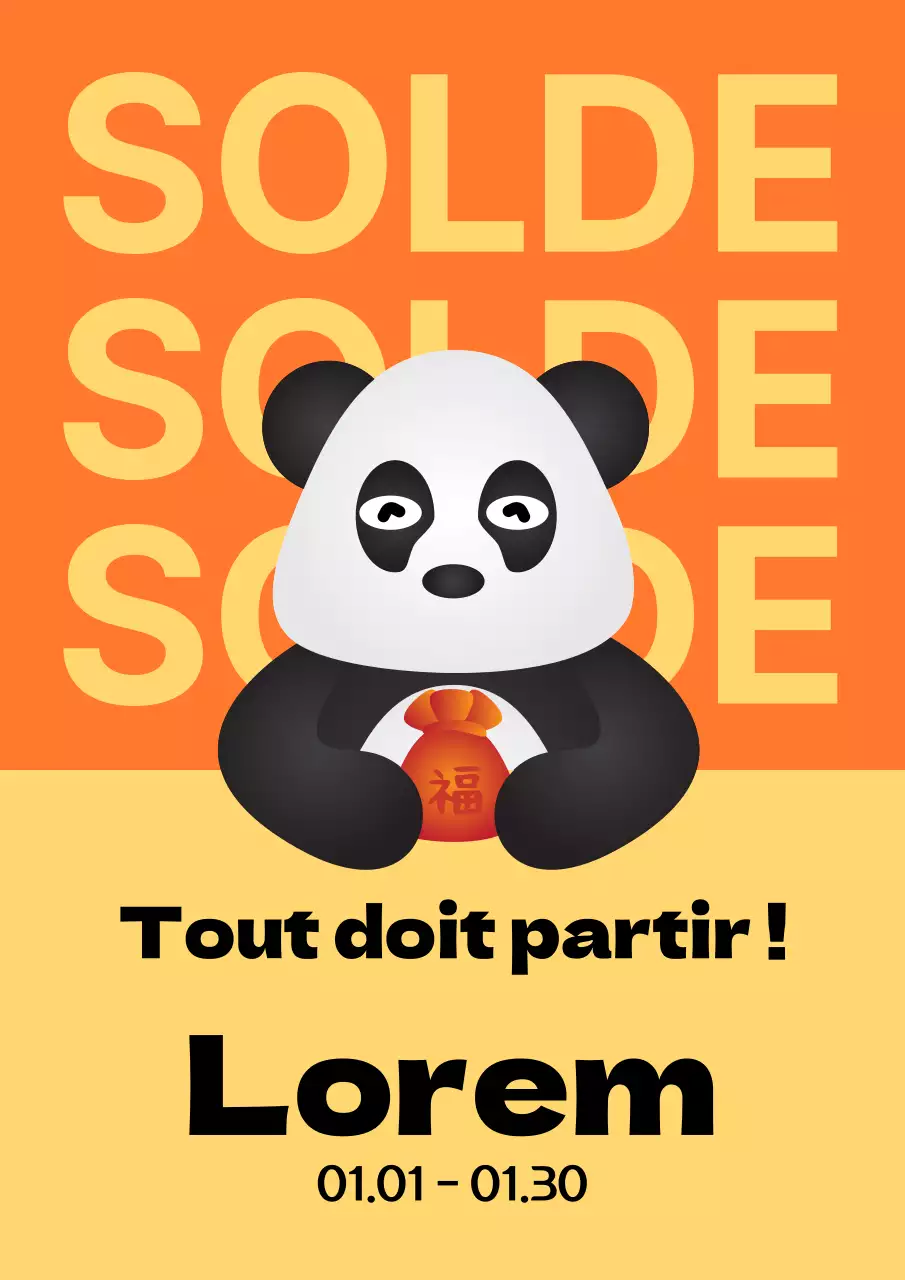 Popup de vente avec personnage de panda aux accents jaunes et orange