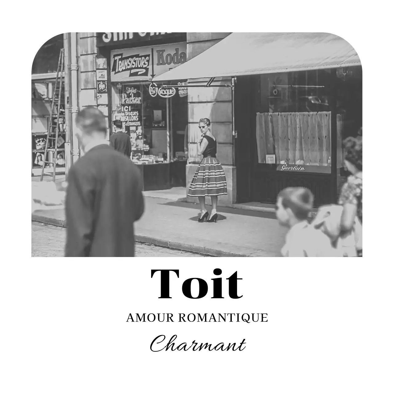 Pub d'inspiration vintage avec des images en noir et blanc et une police de caractères à empattement.