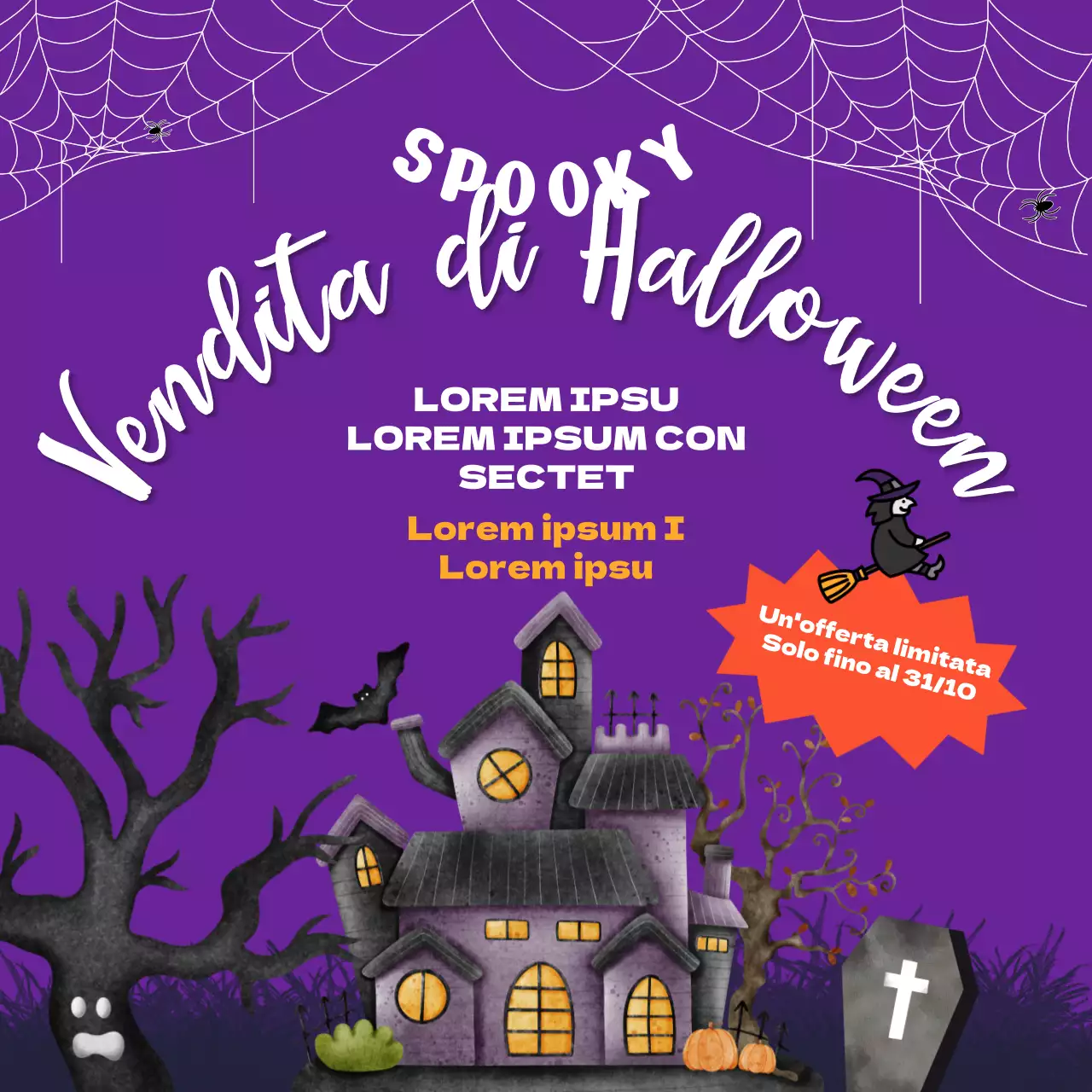 Pubblicità di Halloween fantasia bianca e viola