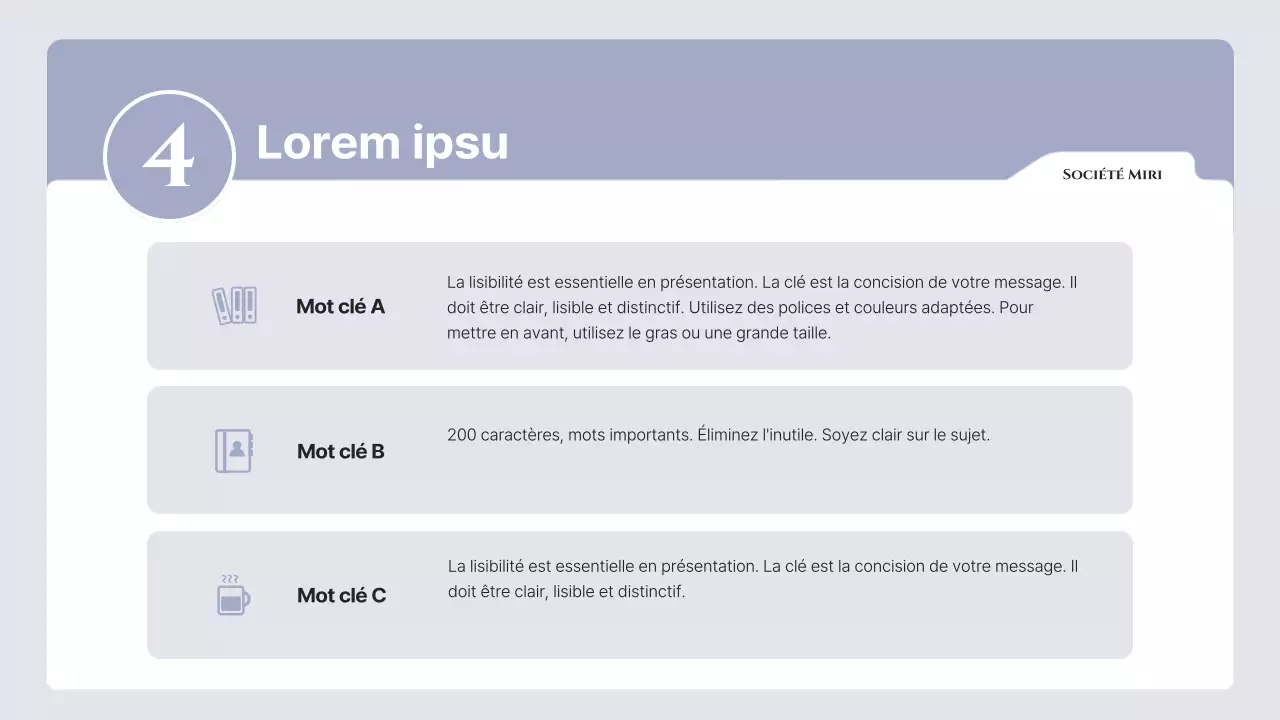 Texte simple en mauve et gris, avec beaucoup d'espace pour écrire