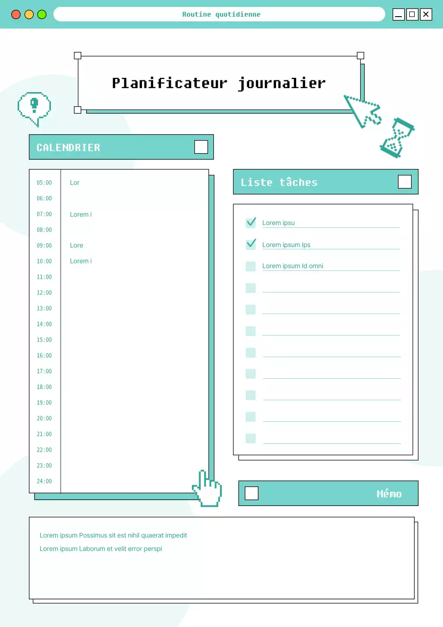 Planificateur de concept internet kitsch avec des graphiques menthe et blanc