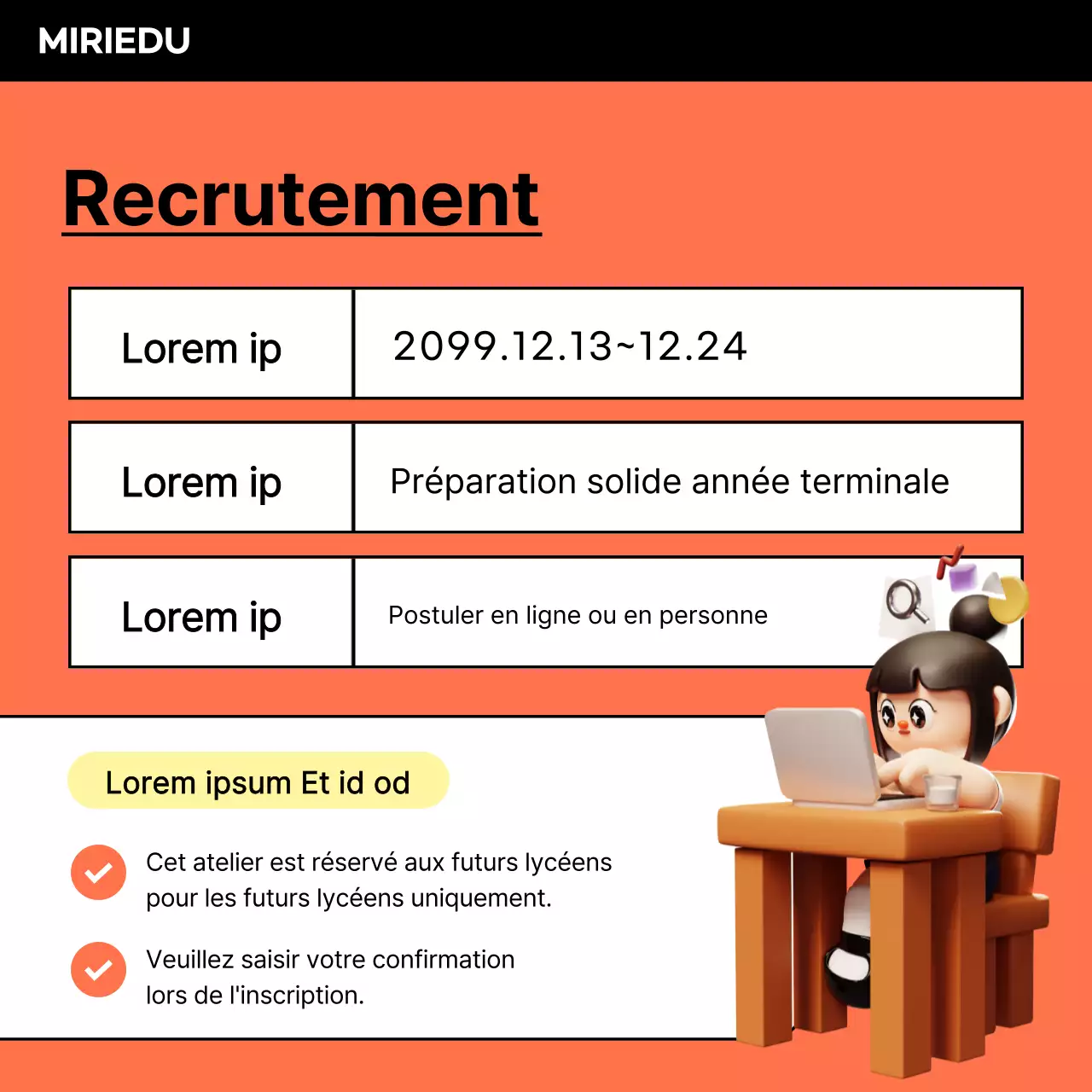 Promouvoir les offres spéciales pour les vacances scolaires en orange et noir.