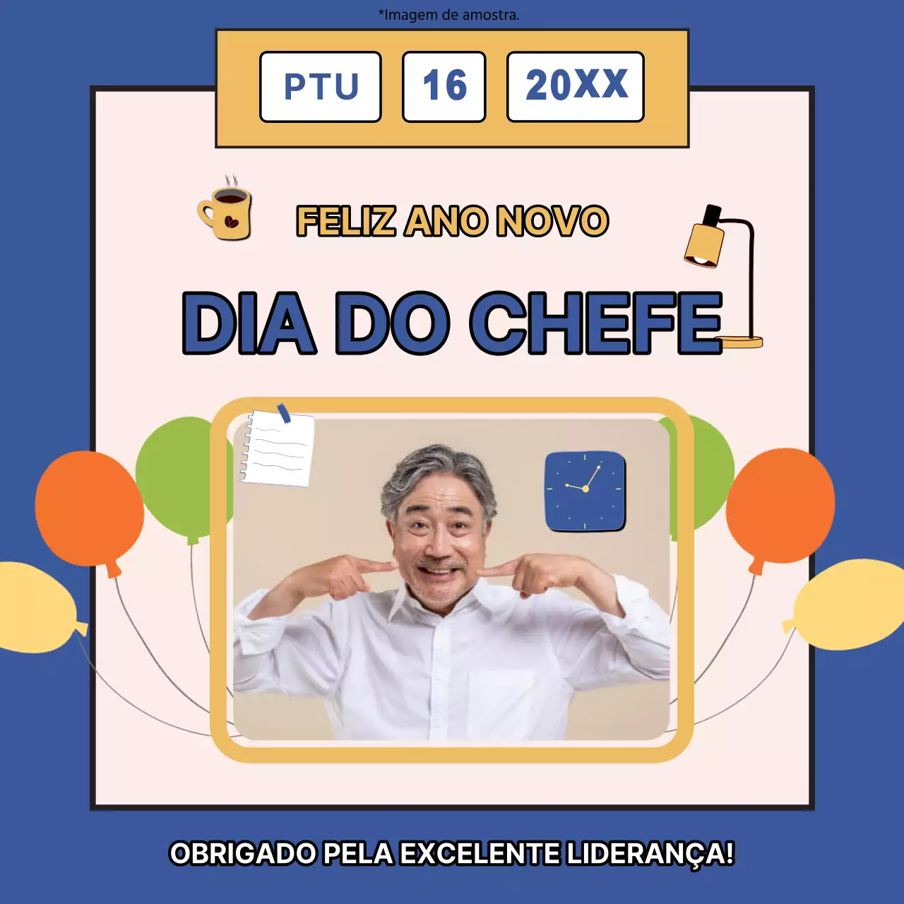 Aviso simples azul e amarelo "Happy Boss Day".