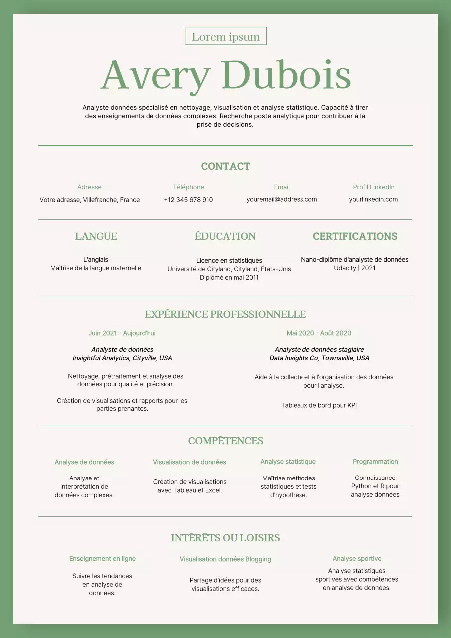 C.V. de base d'analyste de données vert et beige