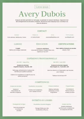 C.V. de base d'analyste de données vert et beige