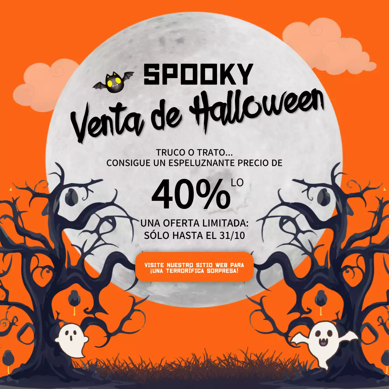 Anuncio de venta de fantasía de Halloween en naranja y negro