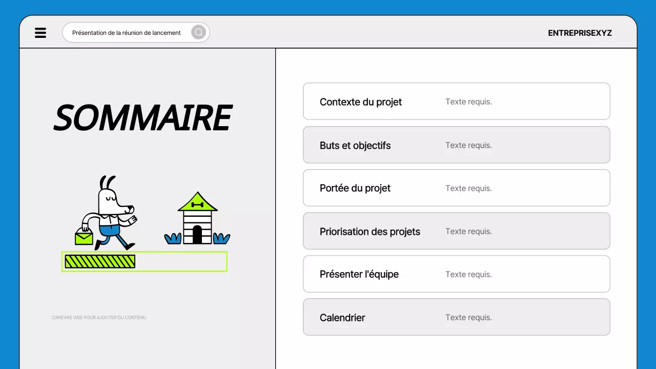 Ordre du jour d'une réunion de lancement de projet en bleu et en fluorescence