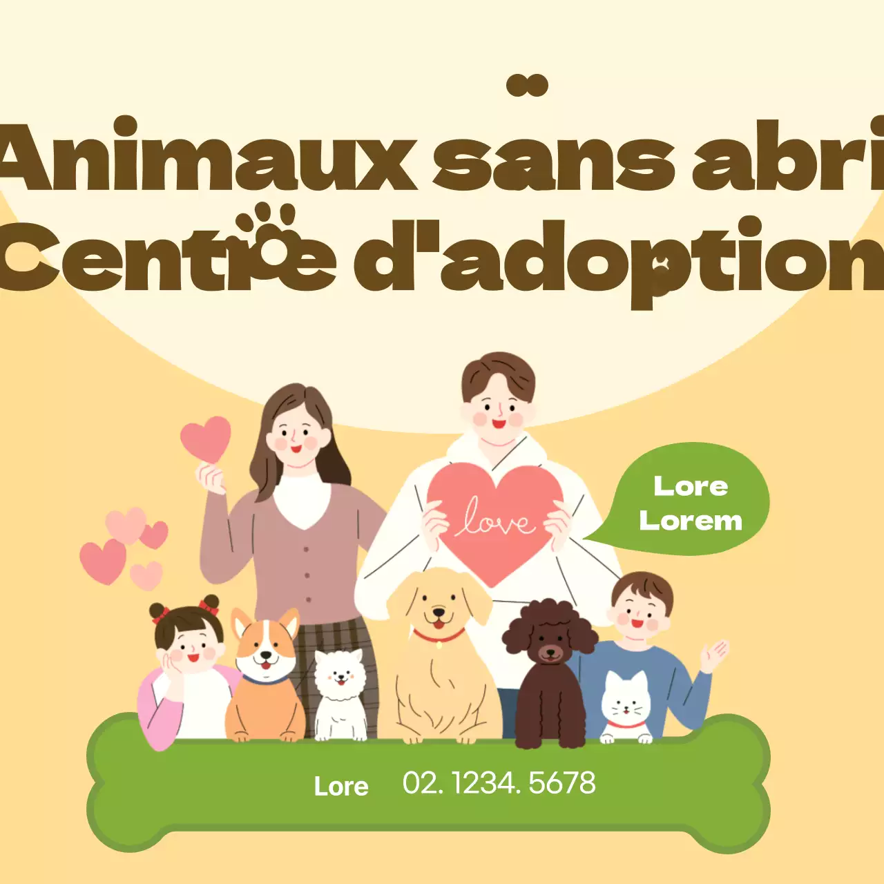 Promouvoir le centre d'adoption d'animaux jaune et vert.