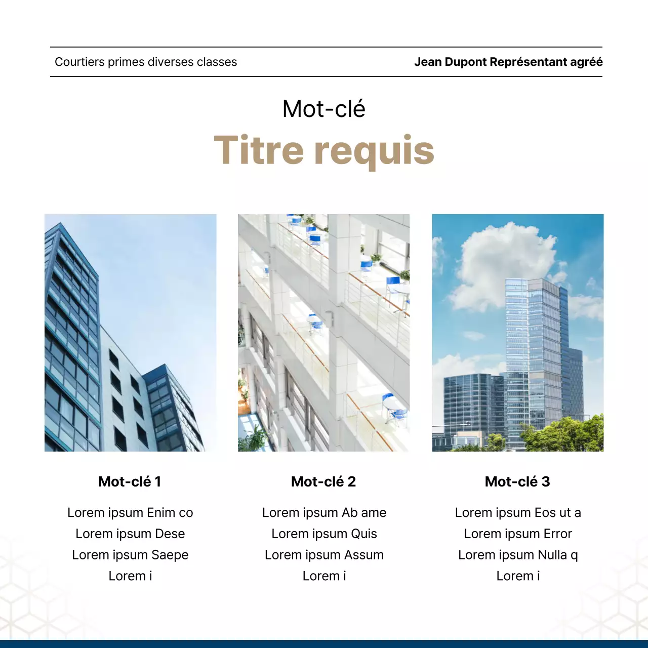 Liste luxueuse de biens immobiliers en bleu marine et or par un agent immobilier.