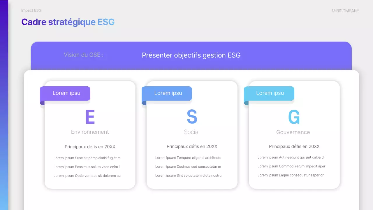 Un rapport de durabilité ESG moderne en violet et bleu clair