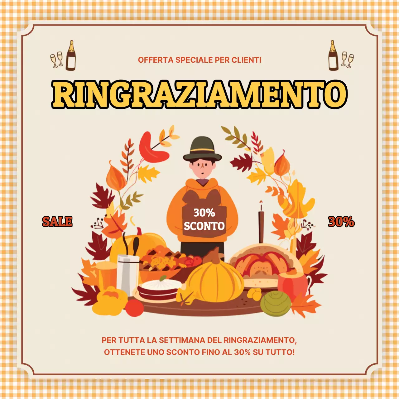 Pubblicità semplice beige e gialla per il Giorno del Ringraziamento